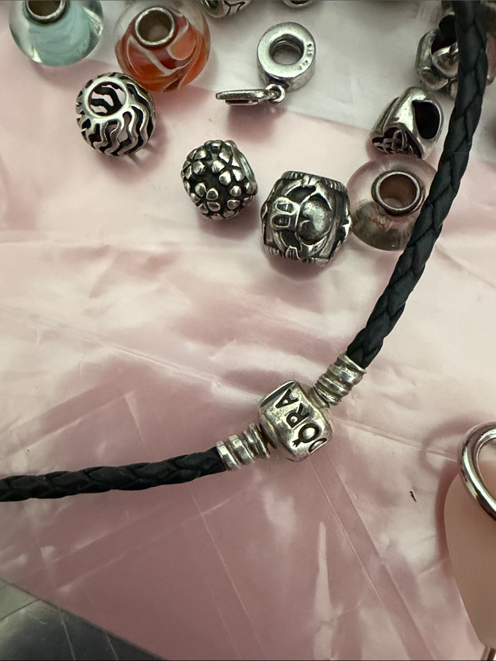 Pandora Black Braided Leather Necklace with Pink and Green Charm Accents - Picture 2 of 9